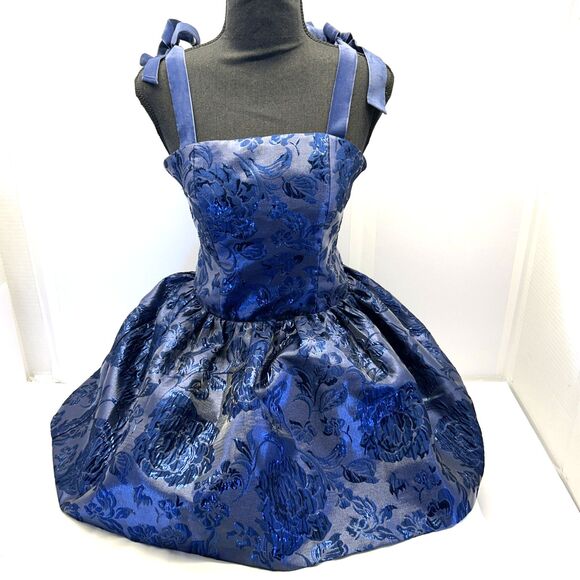 Alice + Olivia Dresses & Skirts - Alice Olivia Mini Midnight Blue Fit & Flare Metallic Look Velvet Bow Straps SZ 0